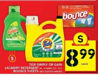 Food Basics Tide Simply or Gain Laundry Detergent 3.4L Bounce Sheets offer