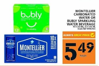 Food Basics Montellier carbonated water or bubly sparkling water beverage offer