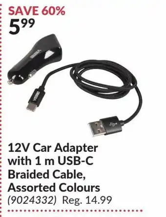 Princess Auto 12V Car Adapter with 1m USB-C Braided Cable Assorted Colours offer