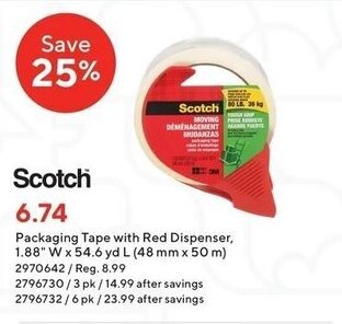 Staples SCOTCH packaging tape with red dispenser offer