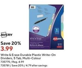 Staples AVERY write & erase durable plastic write-on dividers offer