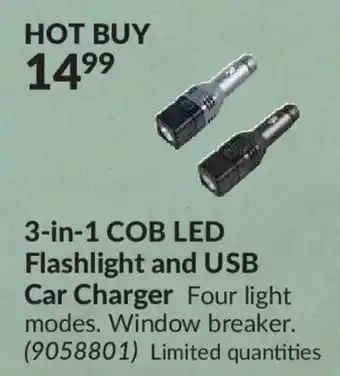 Princess Auto 3-in-1 COB LED flashlight and USB car charger offer
