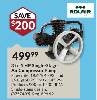 Princess Auto ROLAIR 3 to 5 HP single-stage air compressor pump offer