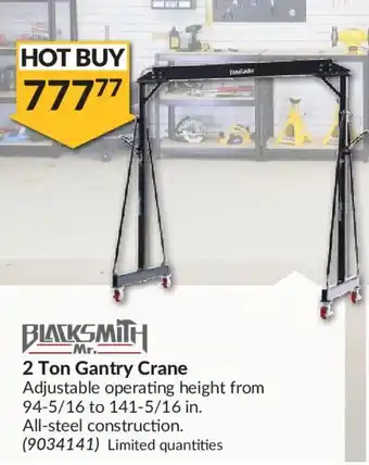Princess Auto BLACKSMITH MR. 2 ton gantry crane offer