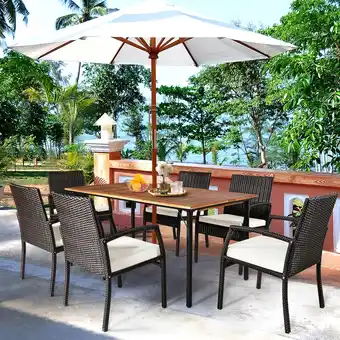 Best Buy Gymax 7PCS Patio Dining Furniture Set w/ Wooden Tabletop Cushion Umbrella Hole offer