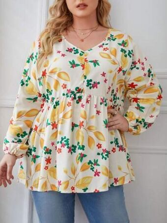 SheIn Plus floral print lantern sleeve peplum blouse offer
