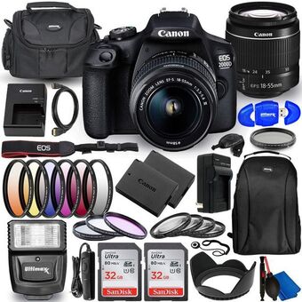 Best Buy Canon eos 2000d (rebel t7) dslr camera with ef-s 18-55mm f/3.5-5.6 dc iii lens - deluxe bundle includes: dual ultra 32gb (64g offer