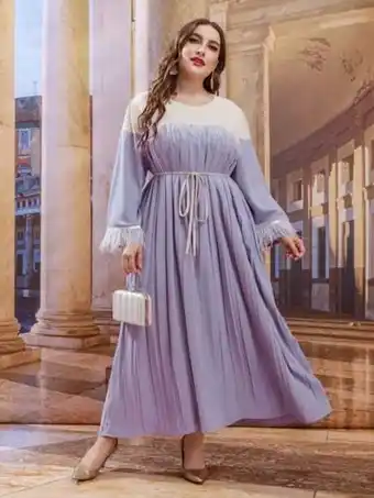 SheIn Plus two tone fringe trim pleated belted dress offer