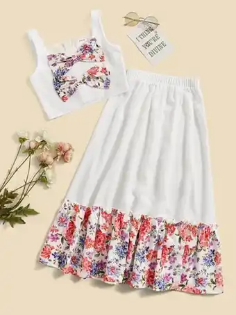 SheIn Shein girls floral print big bow top & ruffle hem skirt set offer