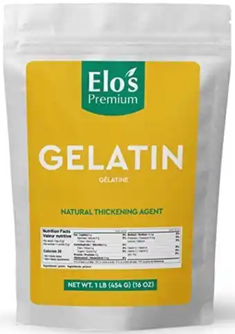 Amazon Gelatin (1lb 454g) by elo’s premium |100% all-natural food grade powder unflavored thickener| packaged in canada| used as thi offer
