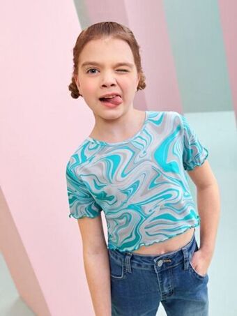 SheIn Shein girls marble print lettuce trim tee offer