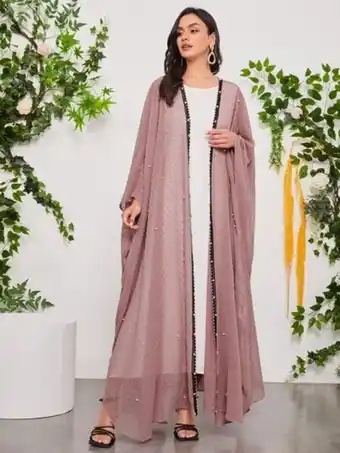 SheIn Shein swiss dot guipure lace insert pearls beaded batwing sleeve chiffon kimono offer