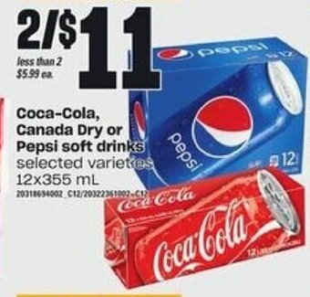 Valu-mart Coca-Cola, Canada Dry or Pepsi Soft Drinks 12x355 ml offer