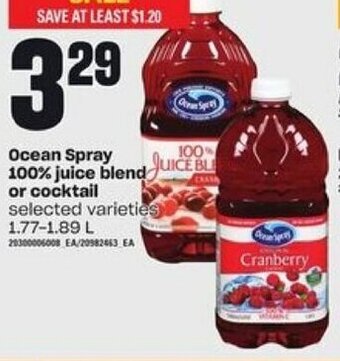 Valu-mart Ocean Spray 100% Juice Blend or Cocktail 1.77-1.89 L offer