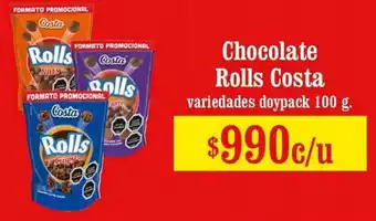 Unimarc Chocolate Rolls Costa variedades doypack 100g oferta