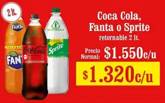 Unimarc Coca Cola, Fanta o Sprite retornable 2lt oferta