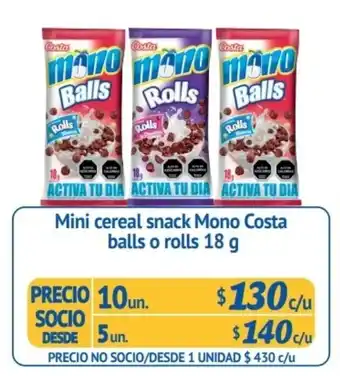 Alvi Mini Cereal Snack Mono Costa balls o rolls 10 un x 18g oferta