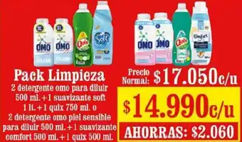 Unimarc Pack Limpieza 2 Detergente Omo para Diluir 500ml+1Suavizante Soft 1lt+1Quix 750ml oferta