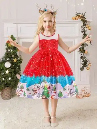 Shein Niñas vestido de fiesta navidad papá noel & con muñeca de nieve con estampado con cinturón oferta
