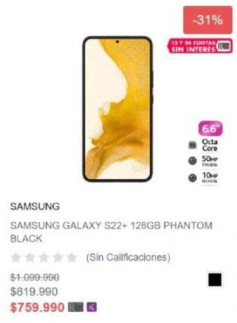 Ripley Samsung Galaxy S22+ 128GB Phantom Black oferta