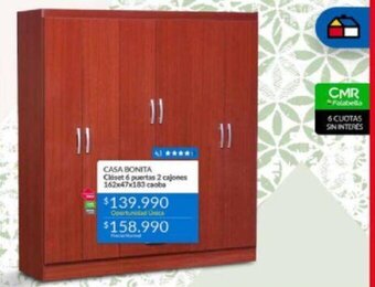 Casa Bonita Closet 6 puertas 2 cajones 162x47x183 caoba