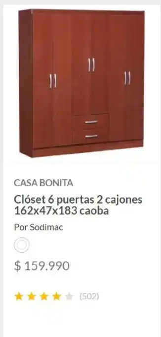 Constructor Sodimac Casa Bonita Closet 6 puertas 2 cajones 162x47x183 caoba oferta