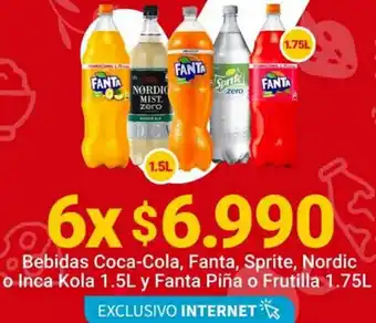 Santa Isabel Bebidas Coca-Coal, Fanta, Sprite, Nordic o Inca Kola 1,5L y Fanta Piña o Frutilla 1,75L oferta