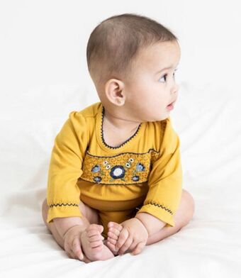 Limonada Body con flores bordadas recién nacida algodón mostaza limonada oferta