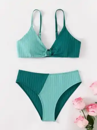 Shein Chicas adolescentes bañador bikini de dos tonos con diseño de aro tejido de canalé oferta