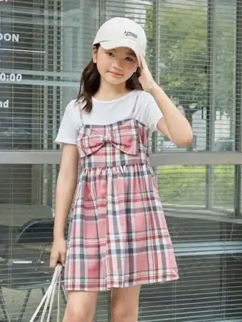 Shein Shein niñas camiseta & vestido de tirantes con estampado de cuadros con lazo delantero oferta