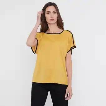 Corona Polera mujer piping abertura poliéster reciclado mostaza oferta