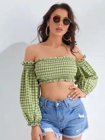 Shein Shein top corto de hombros descubiertos con estampado de guingán con fruncido oferta