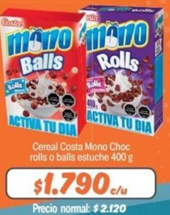 Mayorista 10 Cereal Costa Mono Choc Rolls o Balls Estuche 400g oferta