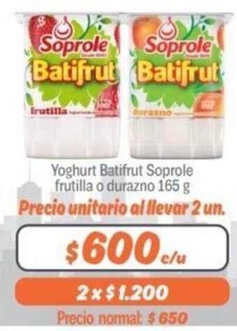 Mayorista 10 Yoghurt Batifrut Soprole Frutilla o Durazno 165g oferta