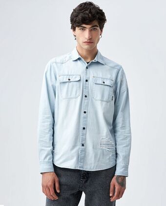 Americanino Camisa manga larga para hombre slim de denim con reparaciones 2 tonos oferta