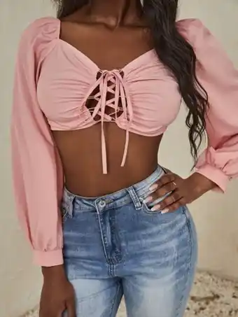 Shein Top corto con cordón delantero de manga farol oferta