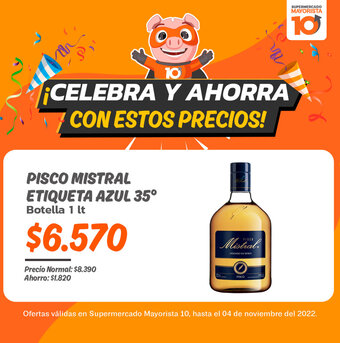 Mayorista 10 Pisco Mistral Etiqueta Azul 35 Botella 1 lt oferta