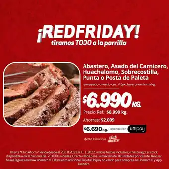 Unimarc Abastero, Asado del Carnicero, Sobrecostilla, Huachalomo, Posta o punta de paleta, oferta