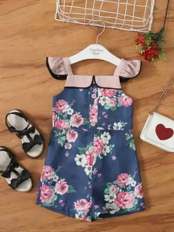 Shein Niñitas mono ribete con fruncido con patrón floral oferta