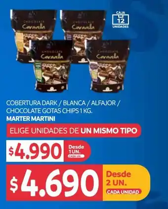 Cobertura Dark / Blanca / Alfajor / Chocolate Gotas Chips 2 un. x 1kg Marter Martini