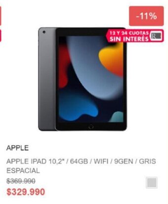 Ripley Apple Ipad 10.2" / 64GB / Wifi / 9gen / gris espacial oferta