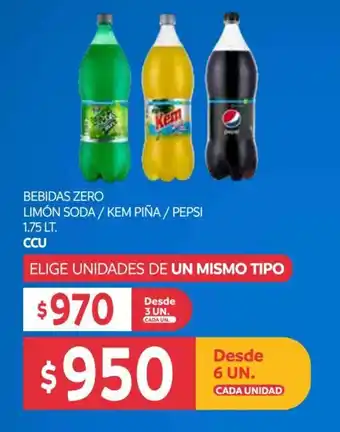 Central Mayorista CCU Bebida Zero Limon Soda / Kem Piña / Pepsi 1.75 Lt oferta