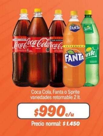 Mayorista 10 Coca Cola, Fanta o Sprite variedades retornable 2 lt oferta