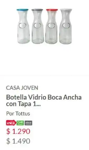 Tottus Casa Joven Botella Vidrio Boca Ancha con Tapa 1 oferta