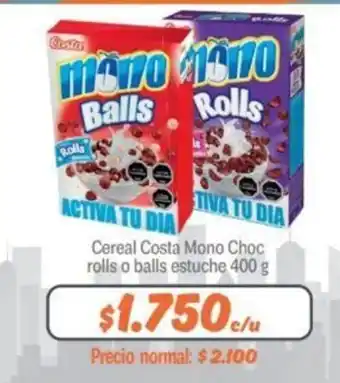 Mayorista 10 Costa Cereal Mono Choc rolls o balls estuche 400g oferta