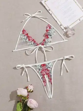 Shein Set de lencería con bordado de malla sin entrepierna oferta