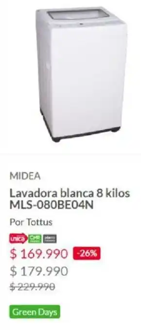 Tottus Midea Lavadora Blanca 8kg oferta