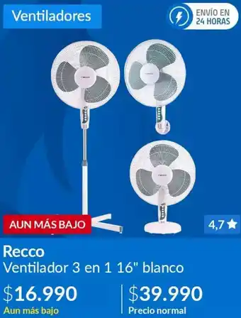 Recco Ventilador 3 en 1 16" Blanco