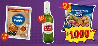 Super Bodega a Cuenta Nestle el Manjar 360g / Stella Artois 660cc / Nuggets de Pollo Super Pollo 275g c/u oferta
