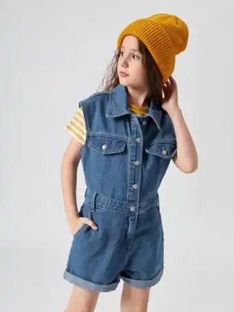 Shein Shein niñas mono mezclilla con botón delantero bajo de doblez sin camiseta oferta